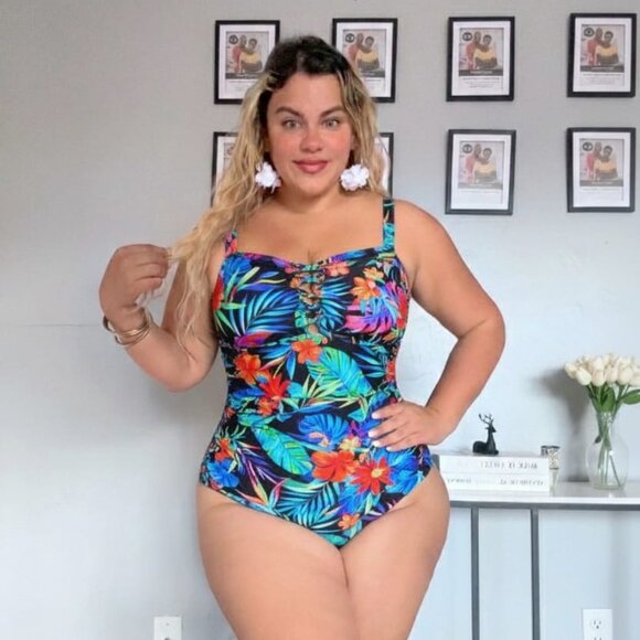 YONIQUE Lattice Ruched Wireles One-Piece Swimsuit Floral Plus Size Tummy Control - Picture 1 of 14